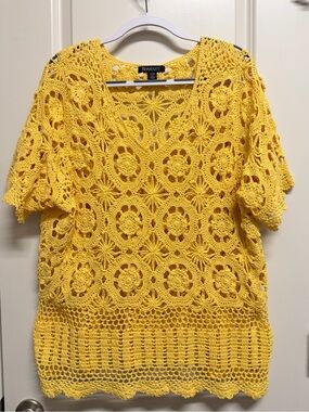 Roaman's Bright Yellow Crochet V-Neck Top
